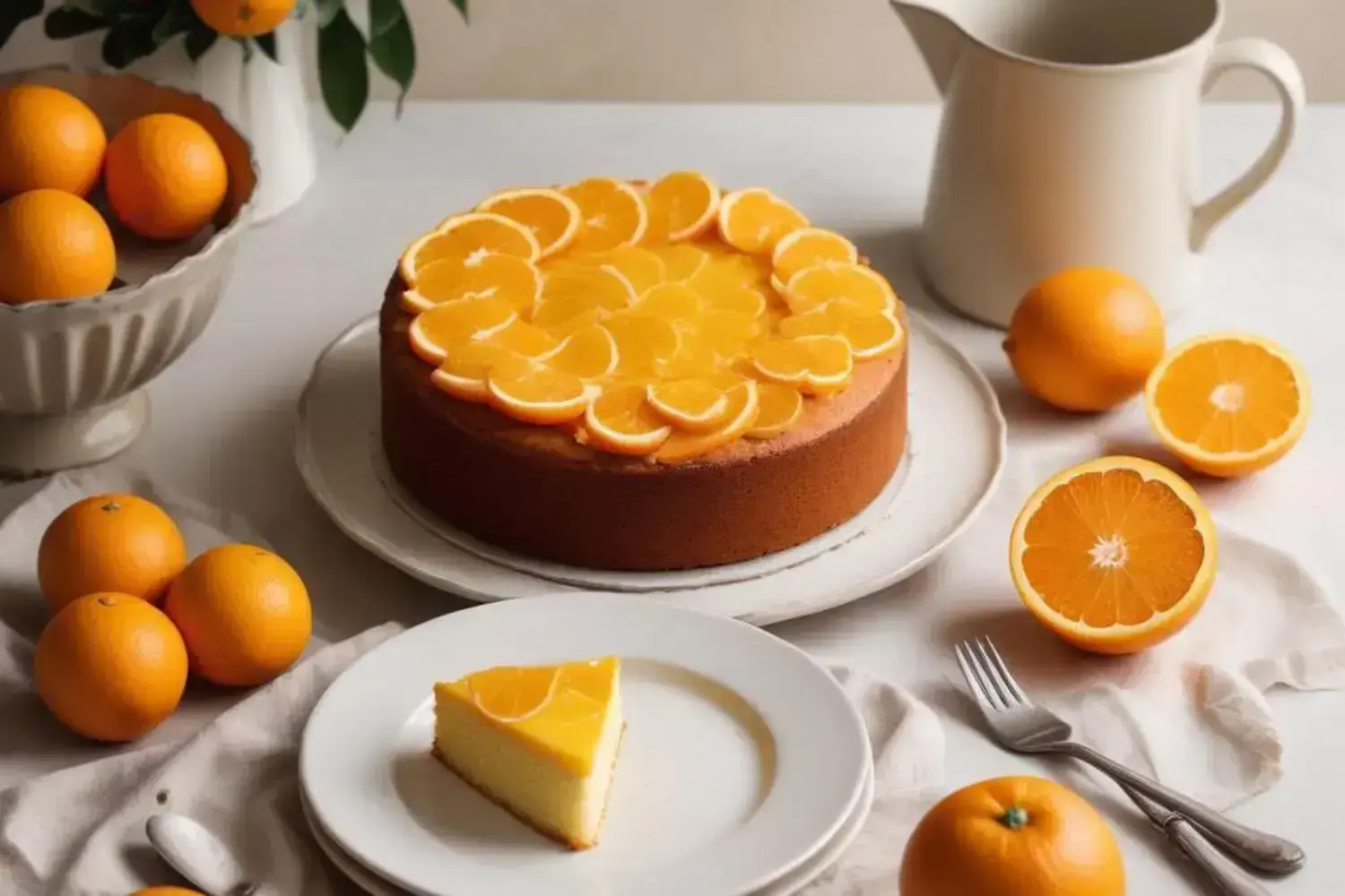 Pastel con recetas de pastel de naranja de naranja decorado con rodajas de naranja brillantes, junto a naranjas frescas en un plato y en una canasta blanca.