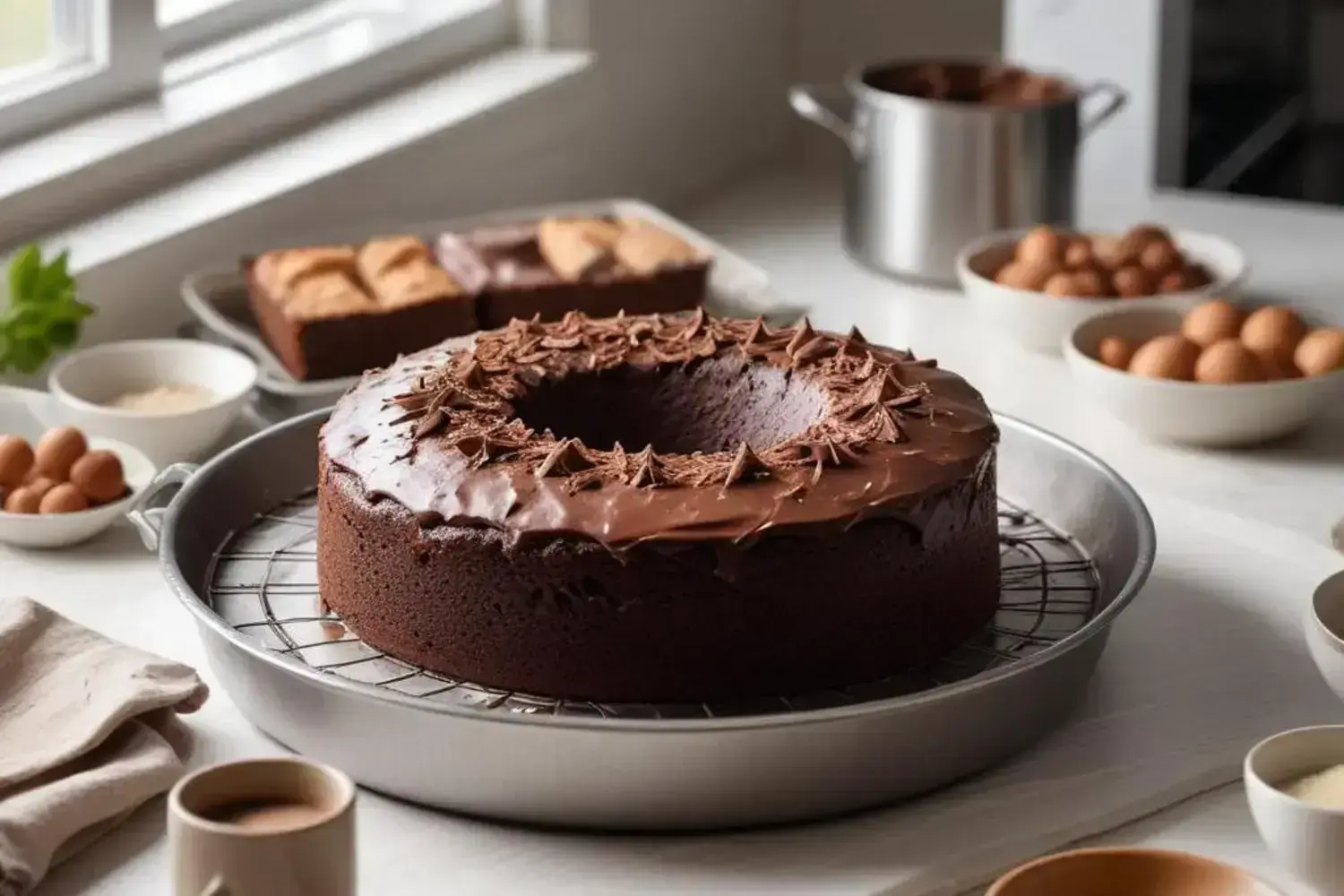 Deliciosas recetas de pastel de chocolate con decoración elegante e ingredientes frescos Pastel con recetas de pastel de chocolate de chocolate decorado con betún brillante y virutas de chocolate, situado sobre una rejilla con huevos y otros ingredientes al fondo, resaltando el color marr