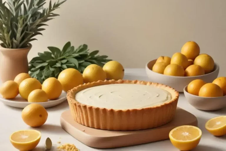 Pastel de berenjena con base dorada y crema suave, rodeado de limones amarillos frescos y hojas verdes decorativas en la mesa.