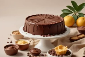 Delicioso pastel de chocolate sin harina en un pedestal blanco, decorado con ganache chocolate goteando. Frutas cítricas y ingredientes de repostería alrededor.