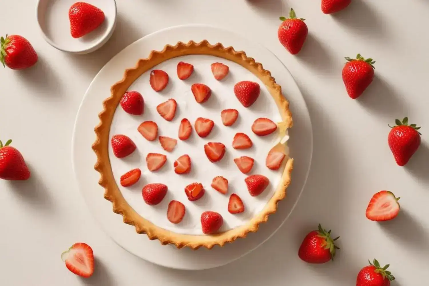 Pastel de fresa perfecto: ingredientes, técnicas y versión sin horno 1 Pastel de fresa en un plato blanco, con una base de masa dorada, cubierta de crema y fresas cortadas, rodeado de fresas enteras rojas.