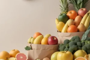 Cesta con pastel saludable de papel llena de frutas coloridas como plátanos amarillos, manzanas rojas y naranjas, junto a broccoli verde y limones amarillos, todo sobre un fondo suave.