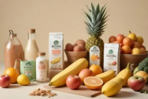Variada disposición de frutas frescas como piña, plátanos, manzanas rojas y naranjas, materiales naturales y tonos suaves, ideal para pastel sin azúcar.