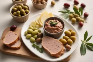 Plato blanco con paté de aceitunas en un tazón marrón. Rodajas de pan junto a uvas verdes y aceitunas variadas en tonos verdes y morados.