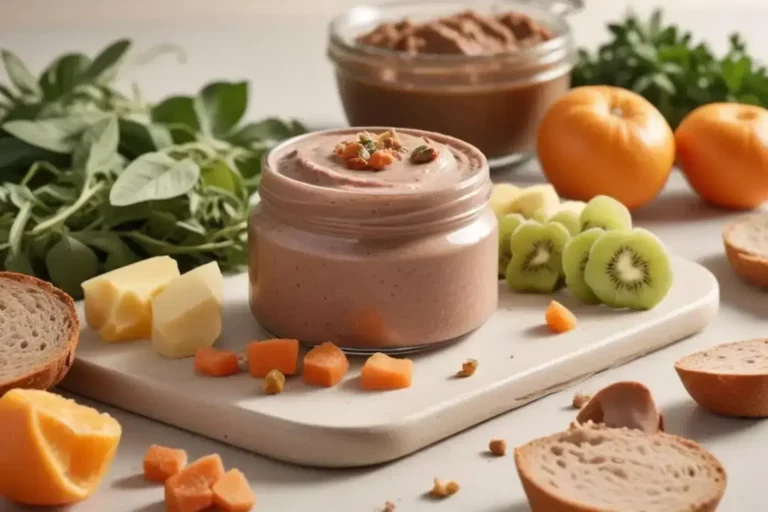 Frasco de cristal con paté saludable de color rosa claro, rodeado de rodajas de kiwi verde y trozos de mandarina y pan integral, todo sobre una tabla de madera clara.