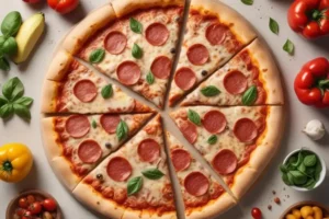 Pizza casera saludable con rodajas de pepperoni sobre una base dorada y suave, decorada con albahaca fresca, rodeada de vegetales coloridos.