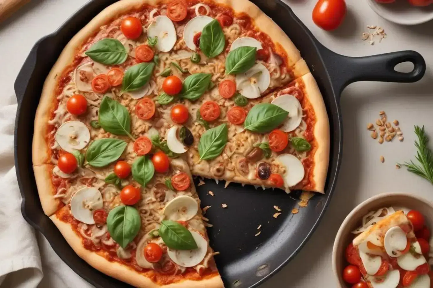 Pizza saludable sin harina en un sartén negro con salsa de tomate, rodajas de cebolla, tomates cherry rojos y albahaca fresca.