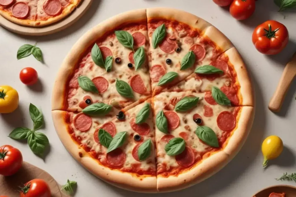 Pizza con rúcula, rodajas de pepperoni y aceitunas negras sobre una base dorada, rodeada de tomates rojos y amarillos frescos.