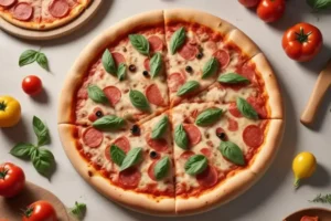 Pizza con rúcula, rodajas de pepperoni y aceitunas negras sobre una base dorada, rodeada de tomates rojos y amarillos frescos.