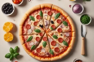 Pizza de berenjena con queso derretido, rodajas de pepperoni y albahaca fresca, rodeada de ingredientes frescos y coloridos. Base dorada y crujiente.