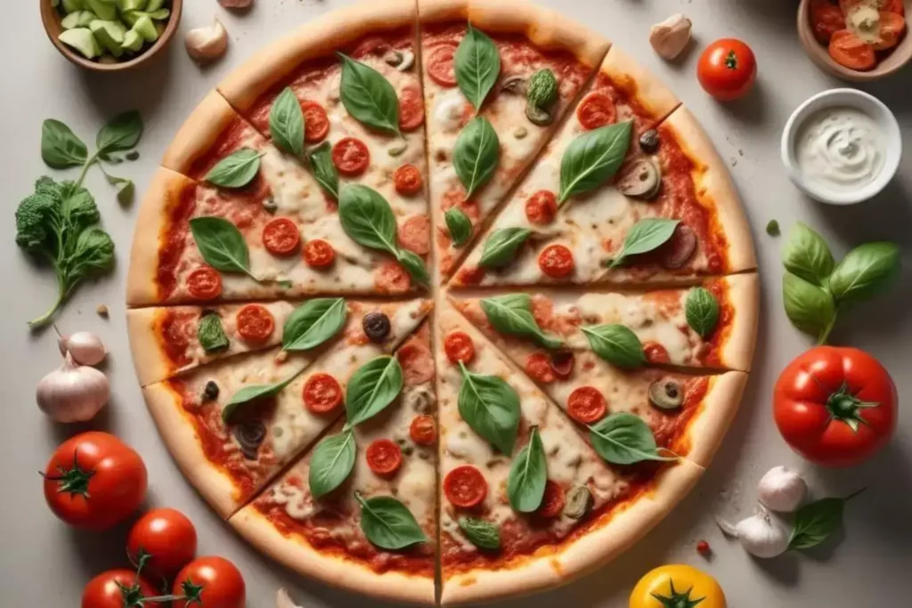 Pizza de verduras con queso derretido, rodajas de tomate rojo, aceitunas negras y albahaca fresca sobre una masa dorada.