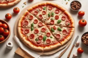 Pizza saludable en sartén con salsa de tomate, queso fundido, rodajas de pepperoni y albahaca fresca sobre una base dorada, rodeada de tomates rojos y nueces.