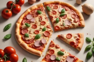 Pizza sin carbohidratos con pepperoni y mozzarella esparcidos con hojas de albahaca fresca sobre una superficie clara, acompañada de tomates rojos brillantes y champiñones.