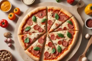 Pizza sin harina con rebanadas de pepperoni y hojas verdes de albahaca, decorada con tomates rojos y amarillos, sobre una base de papel kraft.