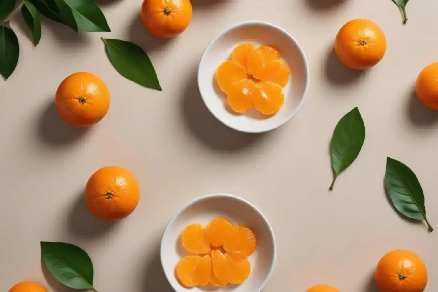 Postres de mandarina sin horno y saludables con recetas paso a paso 1 Dos platos blancos con gajos de mandarina en el centro, rodeados de mandarinas enteras y hojas verdes sobre una mesa beige. Postres de mandarina frescos y coloridos.