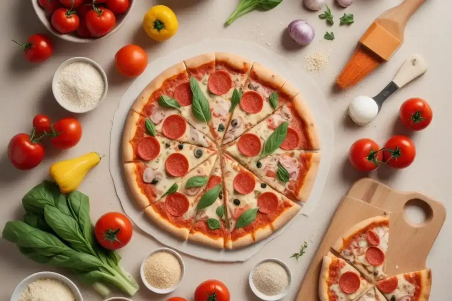 Pizza saludable sin harina, con rodajas de pepperoni y hojas de albahaca, rodeada de tomates rojos y amarillos, espinacas y especias en un fondo claro.