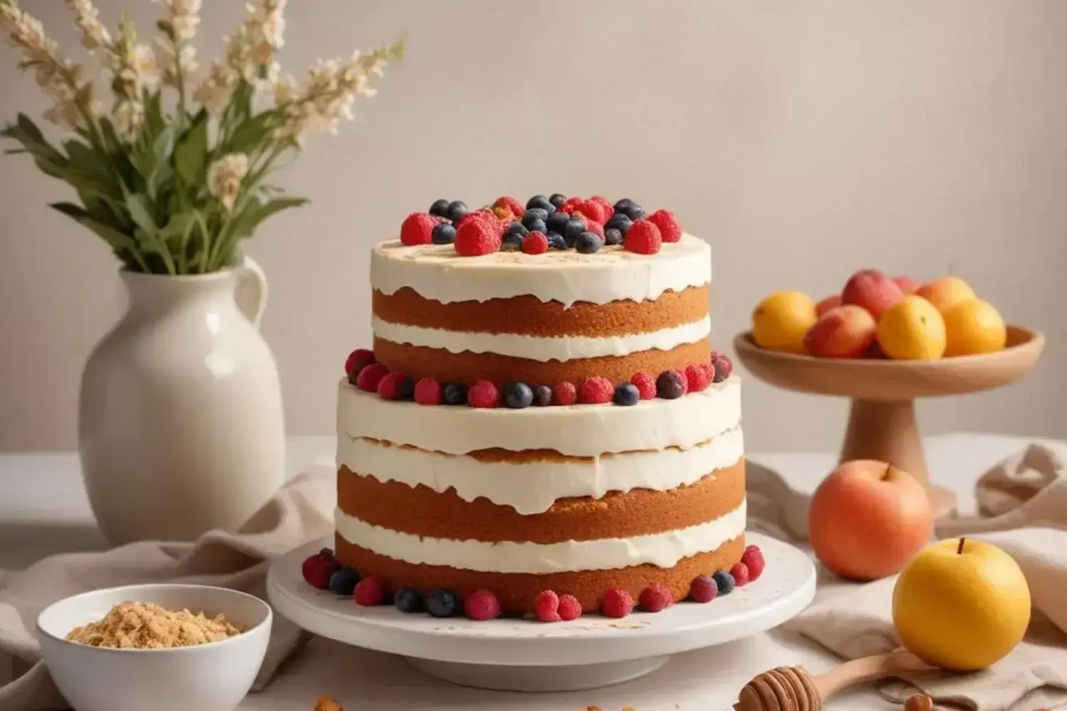 Deliciosa torta sin lactosa decorada con frutas frescas y flores, ideal para celebraciones Torta sin lactosa de tres niveles adornada con fresas y arándanos, sobre un plato blanco. Jarrón blanco con flores verdes al fondo.