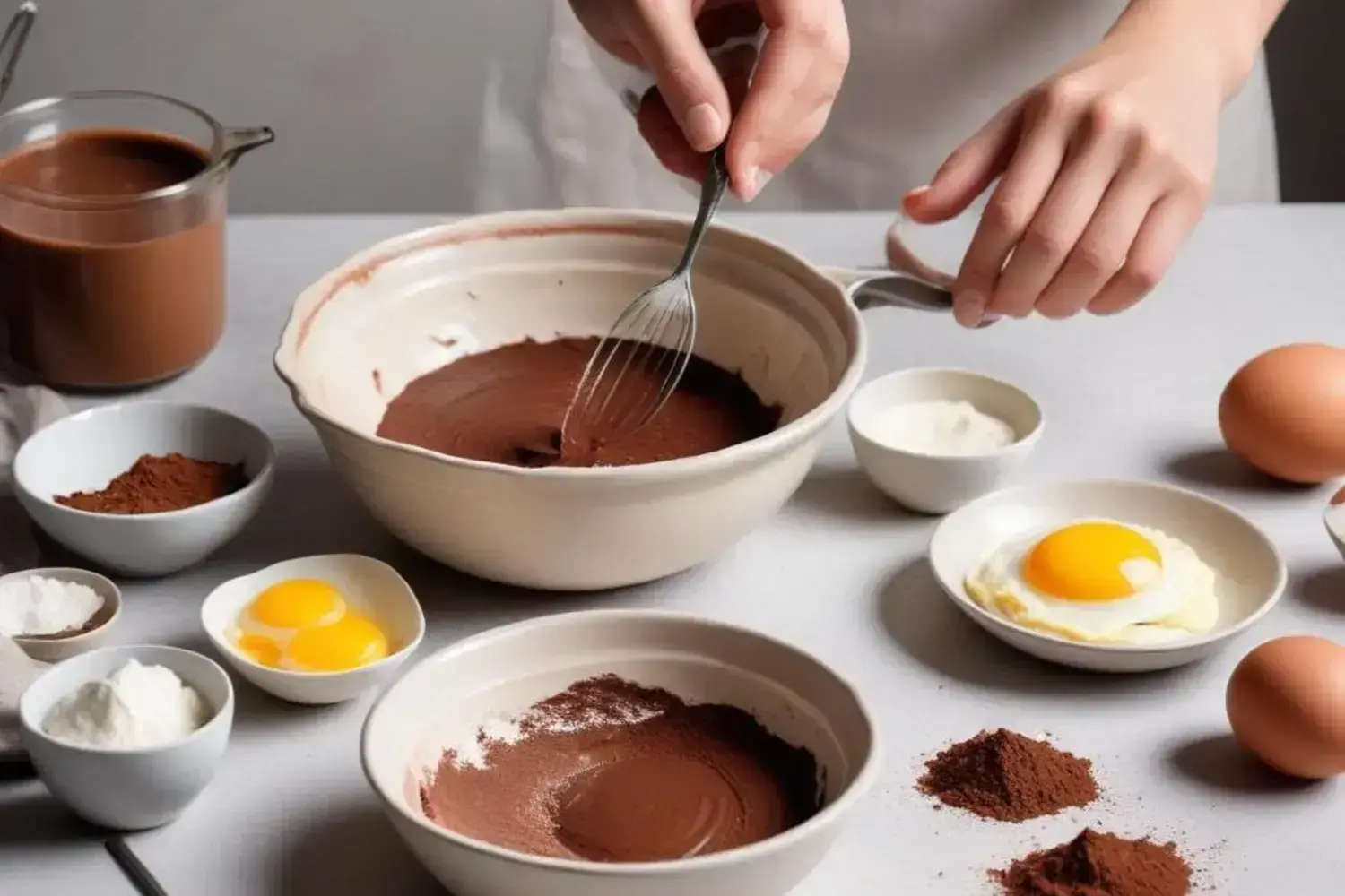 Preparación de pastel de chocolate sin harina con ingredientes sobre la mesa Bowl de mezcla con masa de pastel de chocolate sin harina, ingredientes como cacao en polvo, huevos y azúcar en platos pequeños alrededor, fondo gris claro.