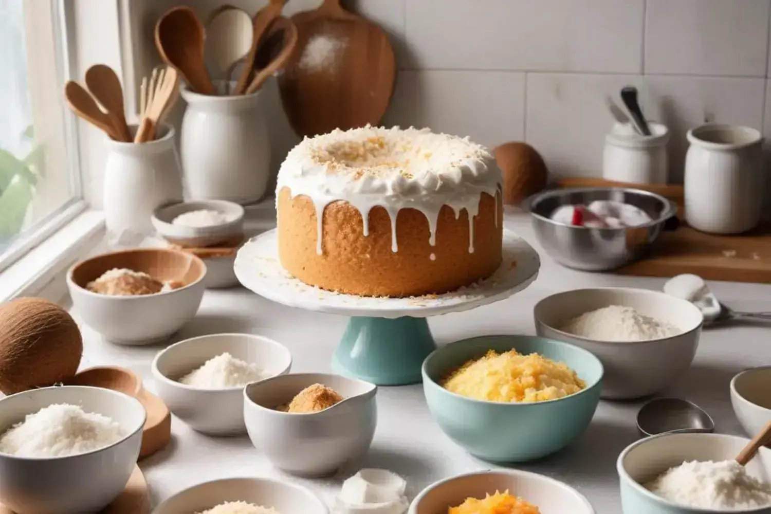 Pastel con receta de pastel de coco de coco decorado con glaseado blanco y virutas de coco, rodeado de ingredientes como harina, azúcar y coco rallado en recipientes de cerámica y madera.