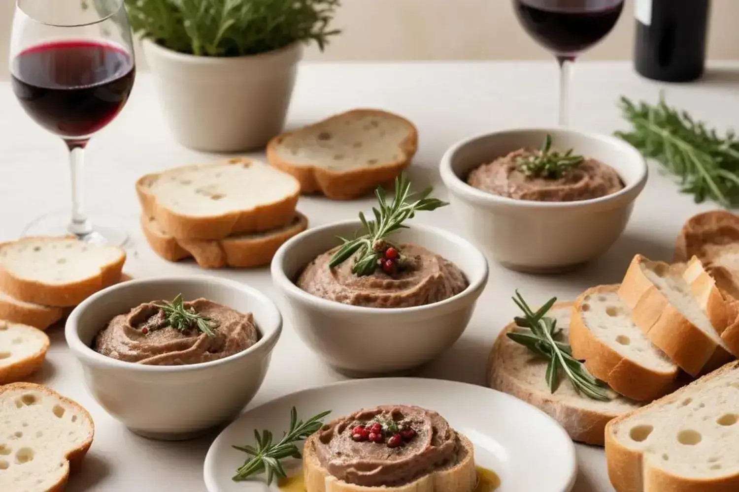 Cuencos con paté de aceitunas marrón decorados con hierbas, rodeados de rebanadas de pan tostado y una copa de vino tinto.