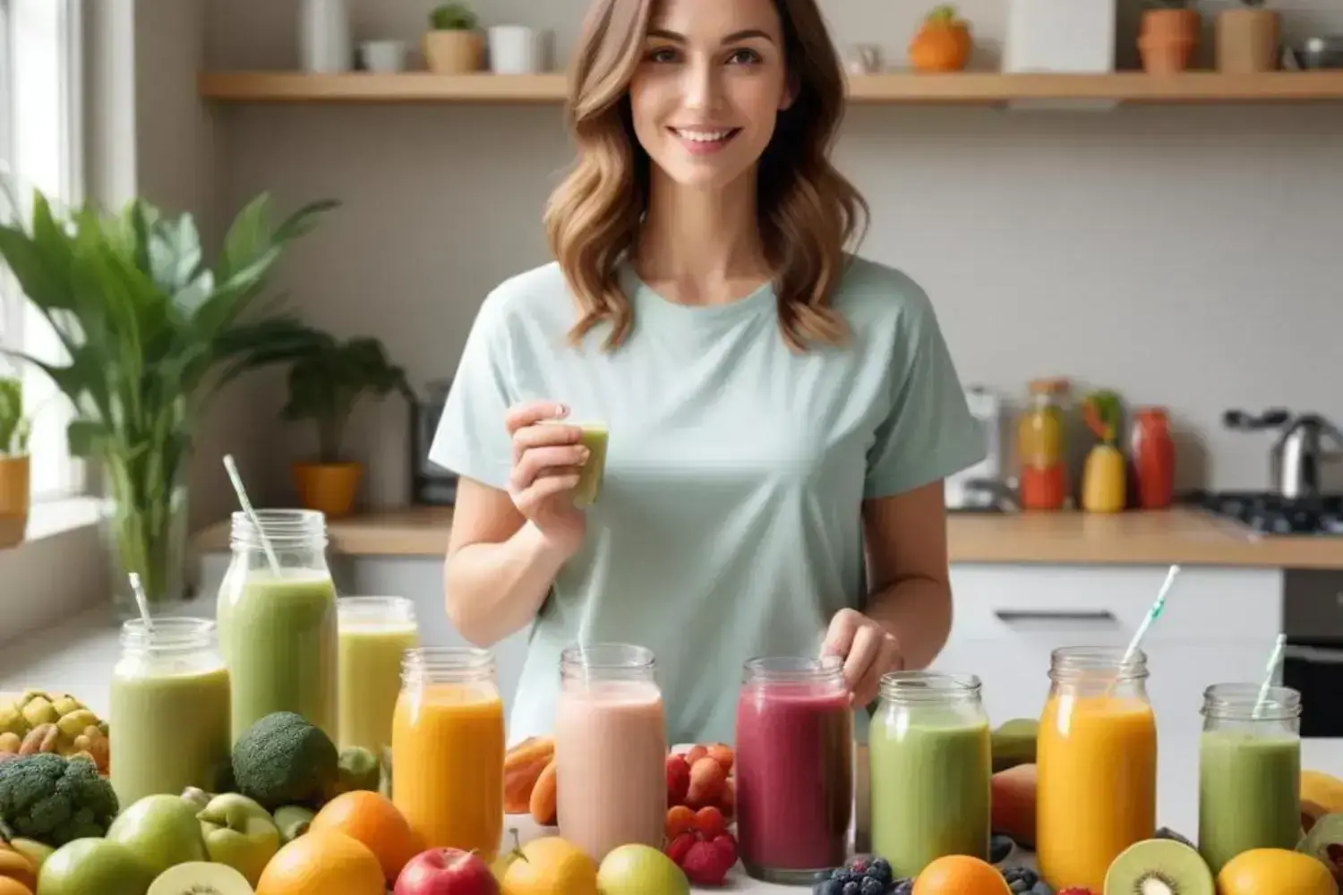 Mujer con batidos para bajar de peso sonriente con camiseta celeste sosteniendo un vaso de batido verde, rodeada de batidos coloridos en frascos de vidrio, y frutas frescas variadas en una mesa.