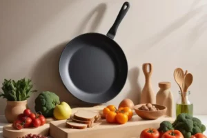 Sartén negra suspendida sobre una tabla de madera con pan vegano, tomates rojos, brócoli verde y frutas coloridas, creando un entorno culinario atractivo.