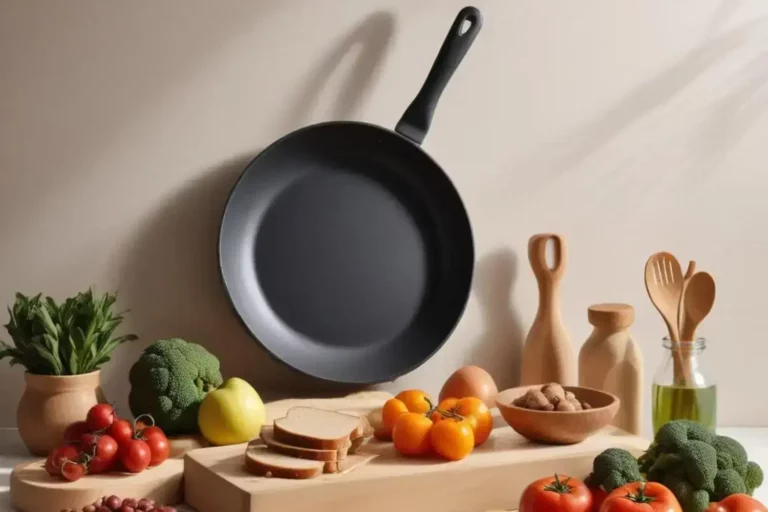 Sartén negra suspendida sobre una tabla de madera con pan vegano, tomates rojos, brócoli verde y frutas coloridas, creando un entorno culinario atractivo.