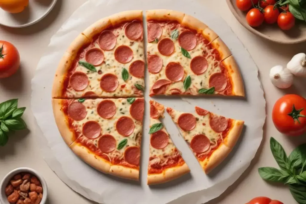 Pizza proteica con corteza dorada, cubierta de rodajas de pepperoni y albahaca fresca, sobre papel encerado. Junto a tomates rojos y ajo.