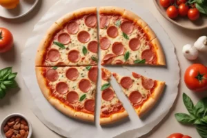 Pizza proteica con corteza dorada, cubierta de rodajas de pepperoni y albahaca fresca, sobre papel encerado. Junto a tomates rojos y ajo.