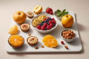 Una bandeja blanca con un postre saludable que incluye frutas frescas como fresas, arándanos, rodajas de bananas y naranjas junto a tartaletas de crema pastelera.