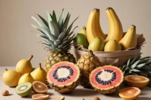 Una colorida composición de frutas frescas, incluyendo piñas amarillas, plátanos de tonalidades doradas y rodajas de papaya rosa, todo en un fondo neutro, destacando los piñones beneficios.