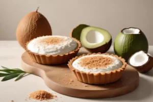 Dos con receta de pastel de coco tartas de pastel de coco con crema blanca y coco rallado en la parte superior sobre una tabla de madera, junto a cocos frescos de diferentes tamaños y colores.