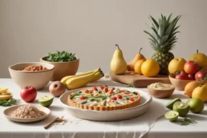 Pastel con receta de pastel saludable saludable decorado con fresas y arándanos, rodeado de bananas, peras y un cuenco con harina sobre una mesa blanca.