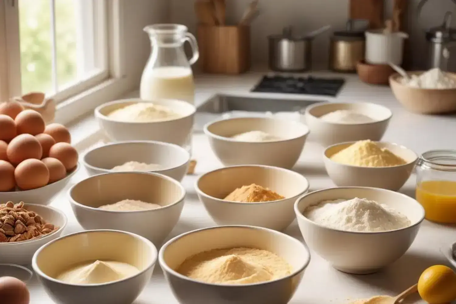 Preparación de ingredientes para torta sin lactosa en una cocina luminosa y ordenada Varias tazas de ingredientes para torta sin lactosa, incluyendo harina blanca, harina amarilla, y huevos marrones sobre una mesa clara iluminada por ventana.
