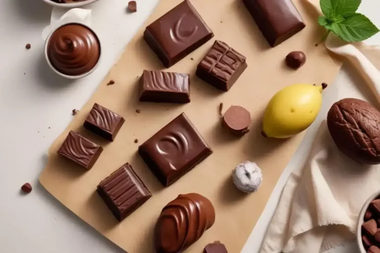 Varias piezas de chocolate oscuro en diferentes formas sobre un fondo de papel. Incluye un limón amarillo y crema de chocolate en un tazón. Recetas de pastel de chocolate.