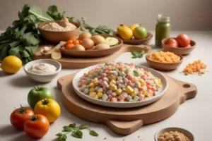 Mesa de cocina con ingredientes frescos para recetas de pastel salado, incluyendo tomates rojos, amarillos y verdes, huevos, harina y un plato de cubos coloridos.