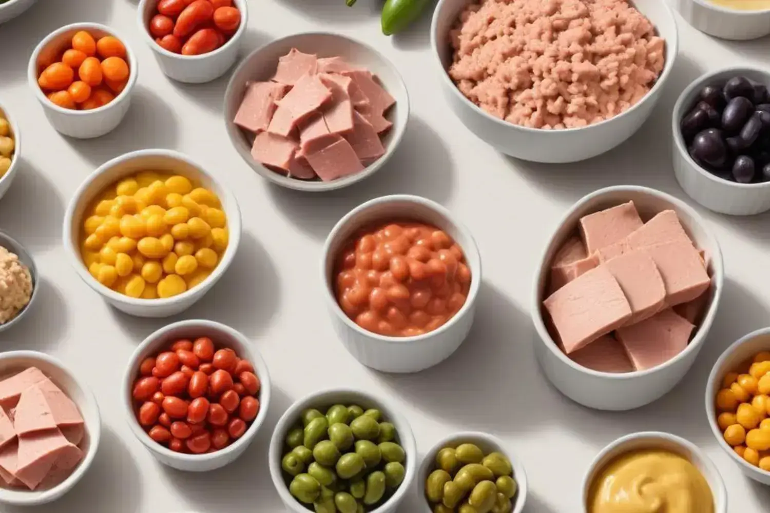 Varias tazas blancas con ingredientes coloridos, incluyendo frijoles rojos, tomates amarillos, y paté saludable rosado dispuesto armónicamente.