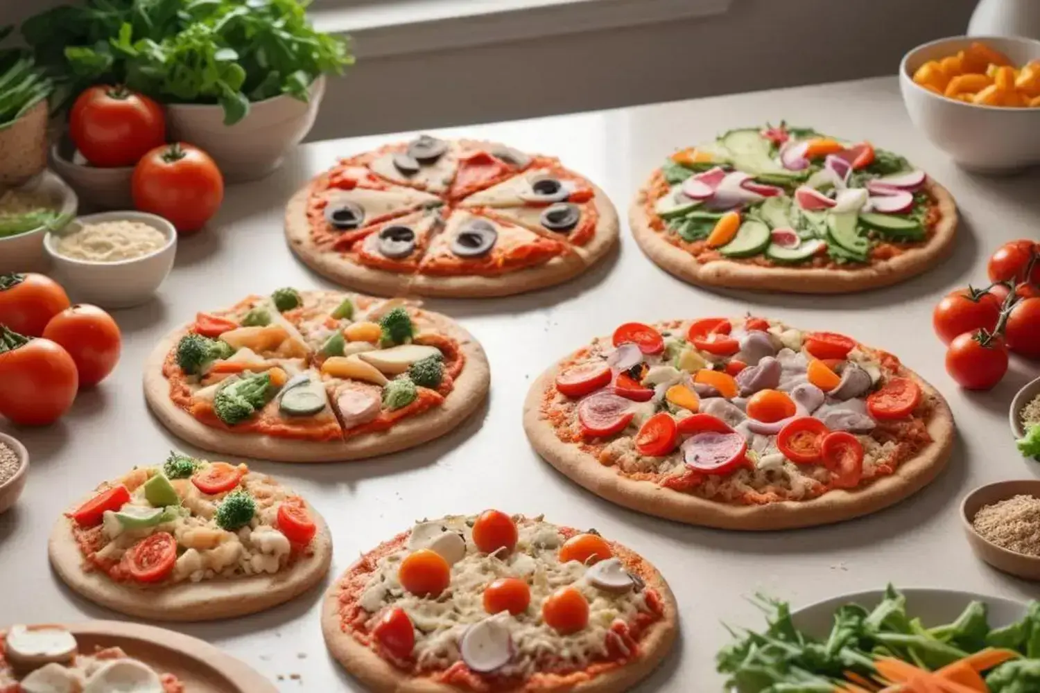 Variedad con pizza casera saludable de pizzas caseras saludables sobre una mesa blanca; ingredientes frescos como tomates rojos, brócoli verde y aceitunas negras decoran las pizzas.
