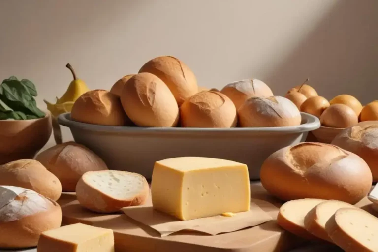 Montón con recetas pan de queso de panes redondeados de color dorado claro con corteza suave, junto a un queso amarillo cremoso en una tabla de madera. Ingredientes frescos alrededor.