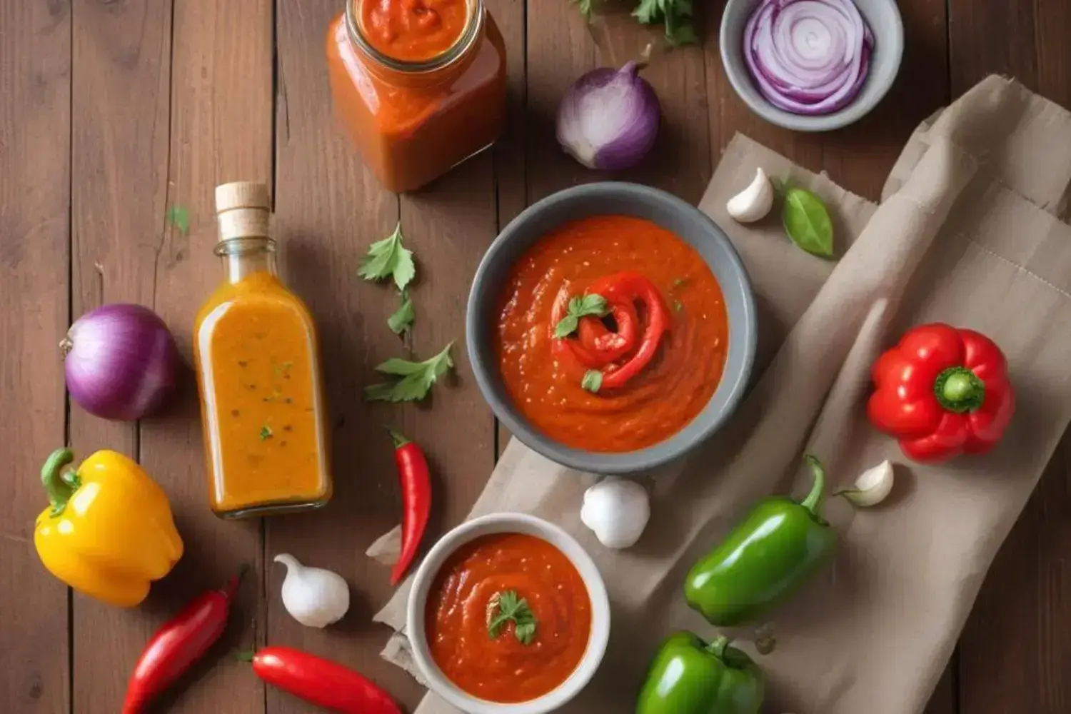 Dos con recetas de pimientos cuencos con salsa roja decorados con rodajas de pimientos rojos, rodeados de pimientos amarillos y verdes, ajo y una botella de salsa anaranjada; fondo de madera natural.