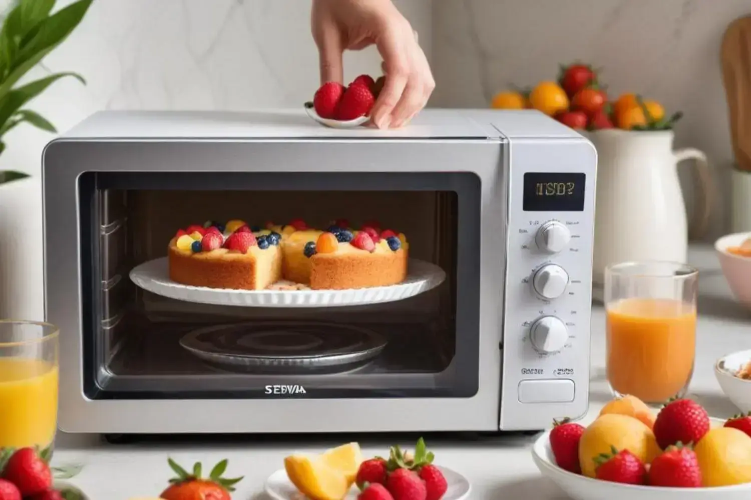 Preparando un pastel saludable en microondas adornado con fresas y frutas frescas Horno microondas plateado con un pastel saludable decorado con frutas variadas, mientras una mano coloca fresas en un plato. Alrededor, frutas coloridas y un jugo de naranja.