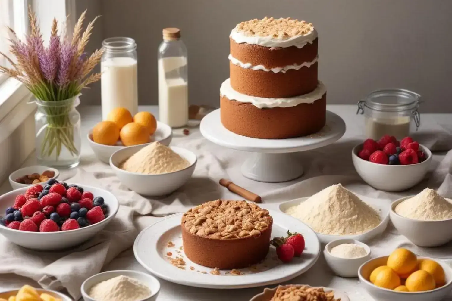 torta sin lactosa tortas sin lactosa acompañadas de frutas y frescos ingredientes en una mesa elegan Mesa con torta sin lactosa decorada con tres tortas sin lactosa de capas, flores secas moradas, frutas frescas, y varios ingredientes en tazones blancos sobre un fondo suave.