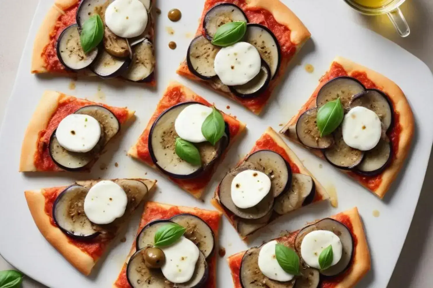 Deliciosa pizza de berenjena con rodajas de berenjena morada y discos de mozzarella, adornada con hojas frescas de albahaca sobre un fondo rojo de salsa de tomate.