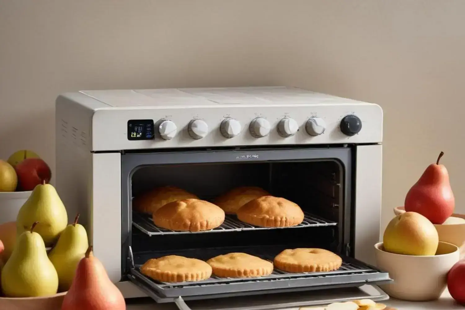 Horno blanco con pasteles dorados en su interior, rodeado de peras verdes y rojas en platos, creando un ambiente acogedor de cocina con la receta de pastel saludable.