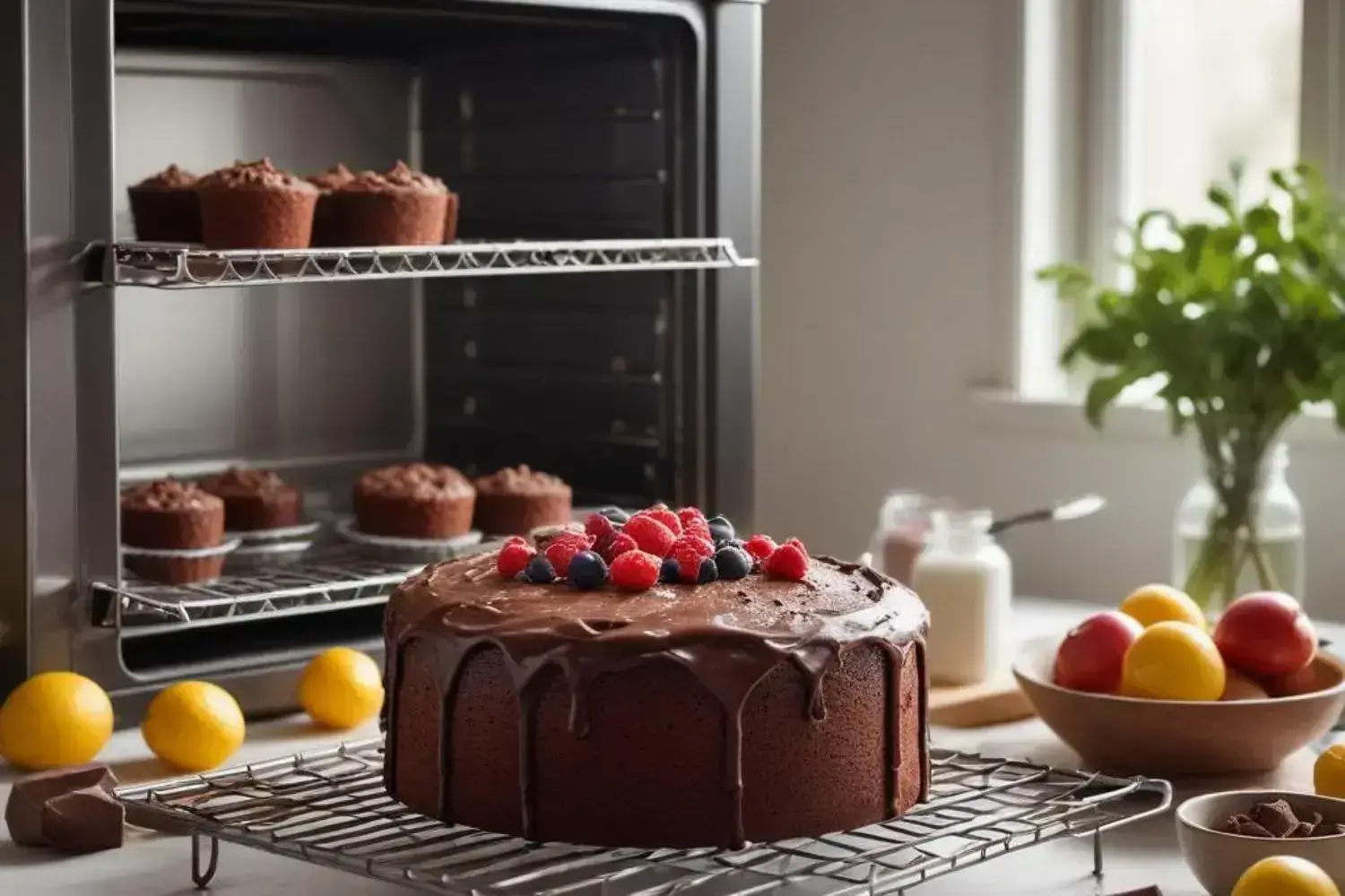 Delicioso pastel de chocolate con frutas y magdalenas: recetas de pastel de chocolate para disfrutar Pastel de chocolate decorado con frambuesas y arándanos en una rejilla, con magdalenas al fondo y limones amarillos a los lados. Recetas de pastel de chocolate se visualizan en la escena.
