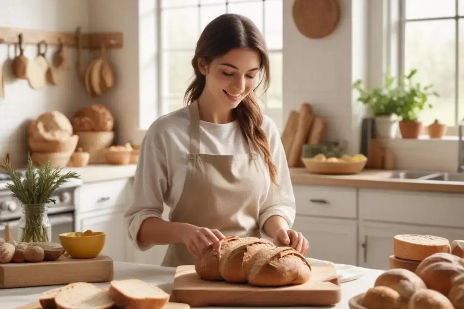 Mujer feliz preparando delicioso pan vegano en una cocina iluminada con estilo rústico Mujer con piel clara en cocina alegre, cortando pan vegano marrón en una tabla de madera, rodeada de bollos, un recipiente amarillo y hierbas verdes.