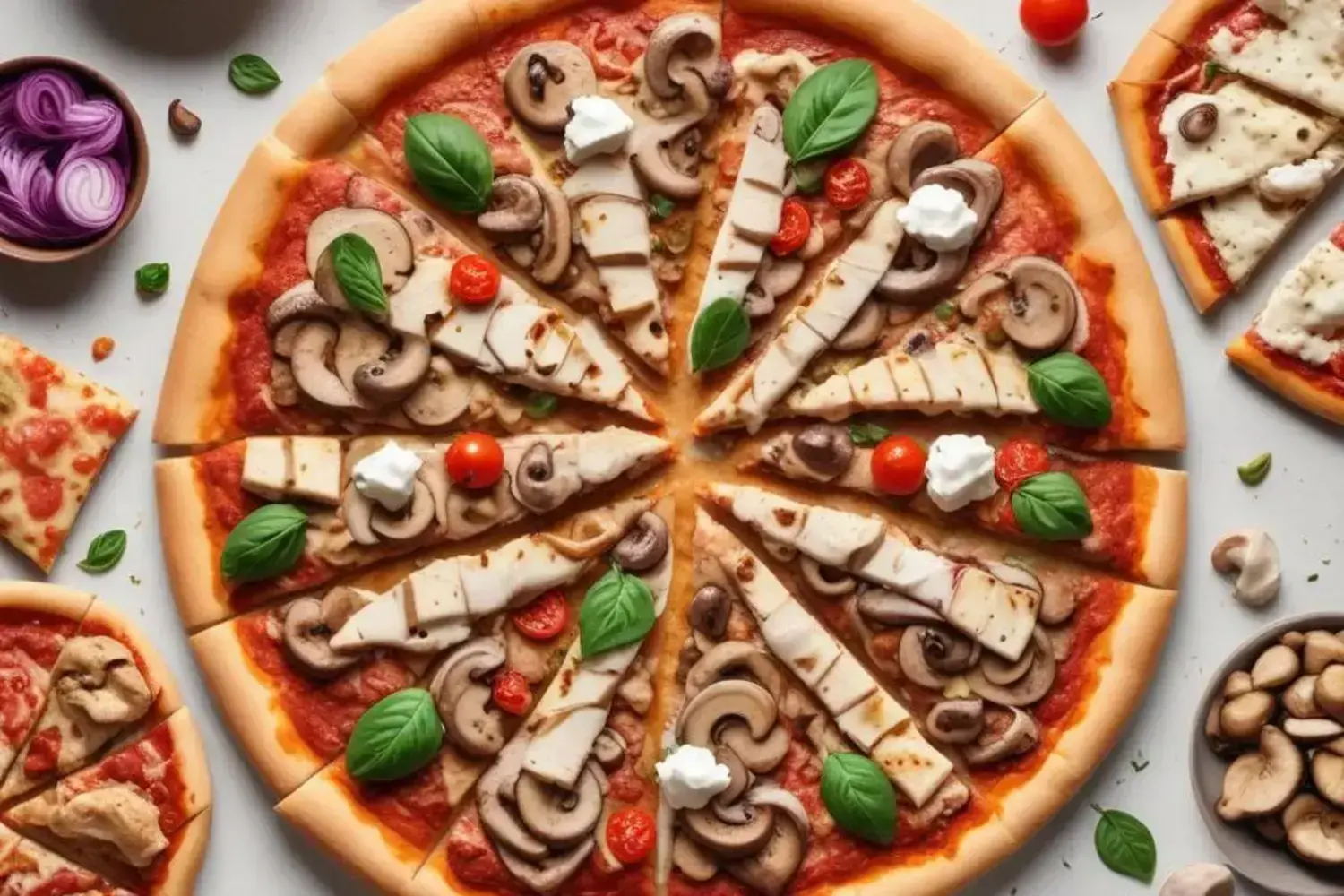 Pizza proteica con corteza dorada, salsa de tomate, pollo, champiñones frescos, albahaca verde y tomates cherry rojos, presentada en porciones en un plato blanco.