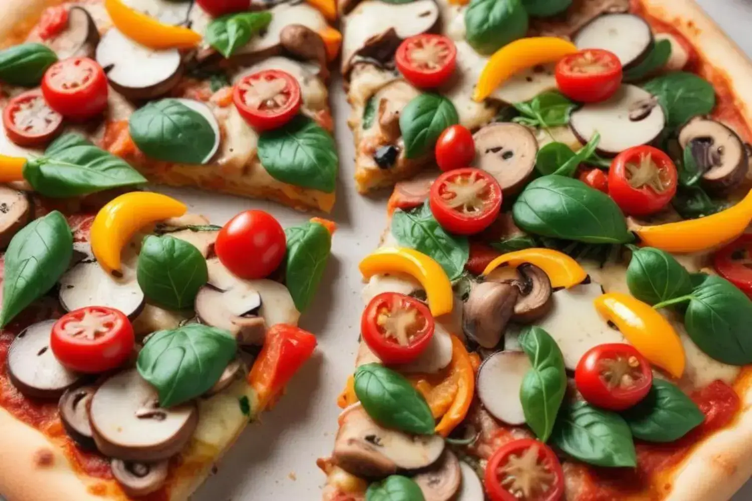Pizza saludable sin harina con coloridos ingredientes frescos, incluyendo tomates cherry rojos, pimientos amarillos y albahaca verde vibrante sobre una base dorada.
