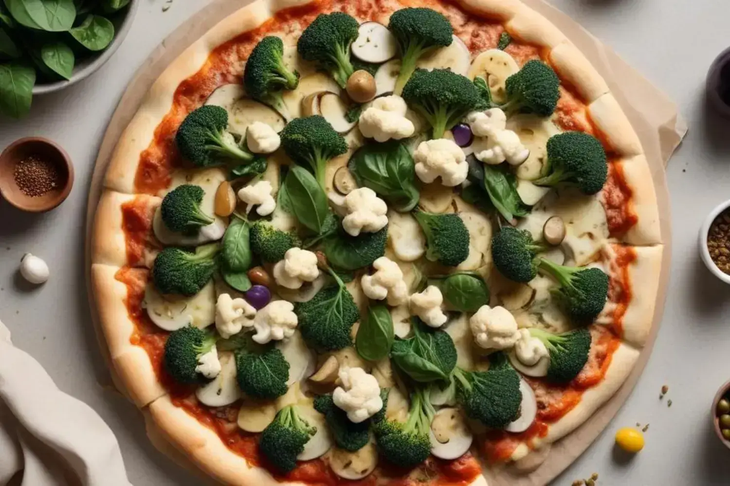Pizza de verduras con corteza dorada, salsa de tomate y abundantes brócolis, coliflor blanca, espinacas y rebanadas de champiñón.