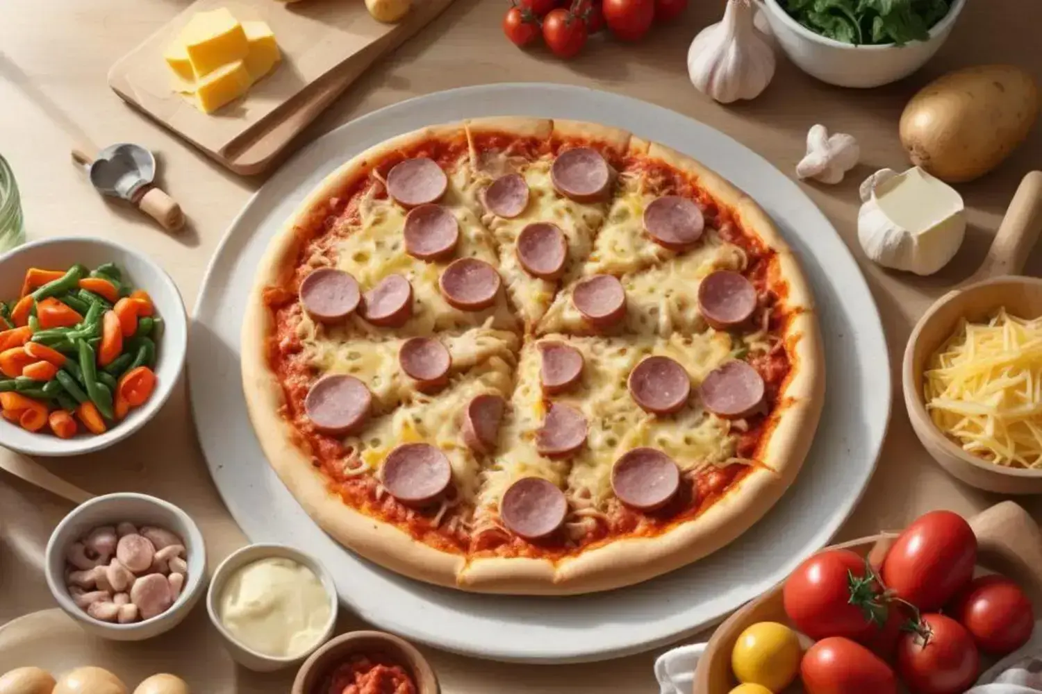 Pizza con patata sobre un plato blanco, cubierta de queso derretido y rodajas de salchicha, rodeada de verduras frescas y ingredientes coloridos.